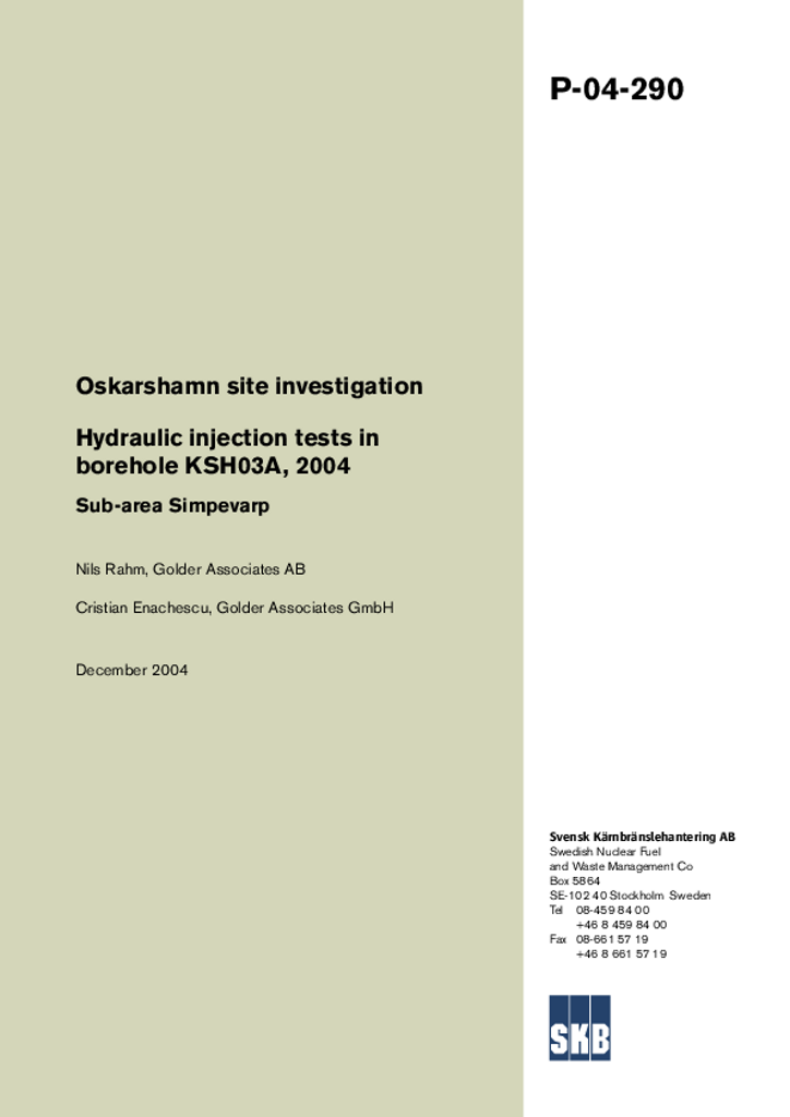 Borehole Injection Test Oskarshamn site investigation. Hydraulic injection tests in borehole ...